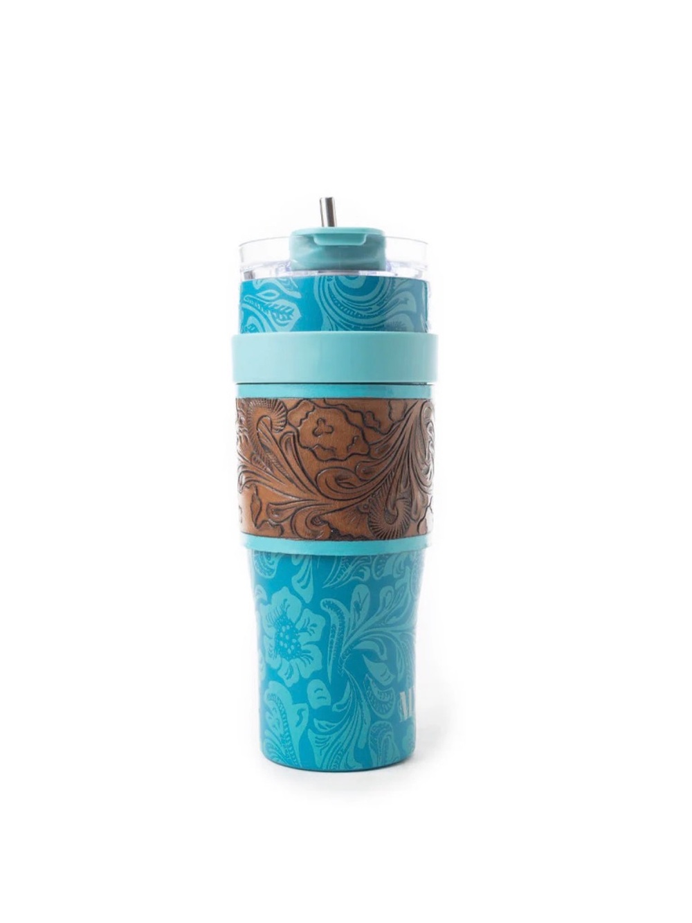 Western Tumbler Turquoise Floral Travel Tumbler with Leather Sleeve